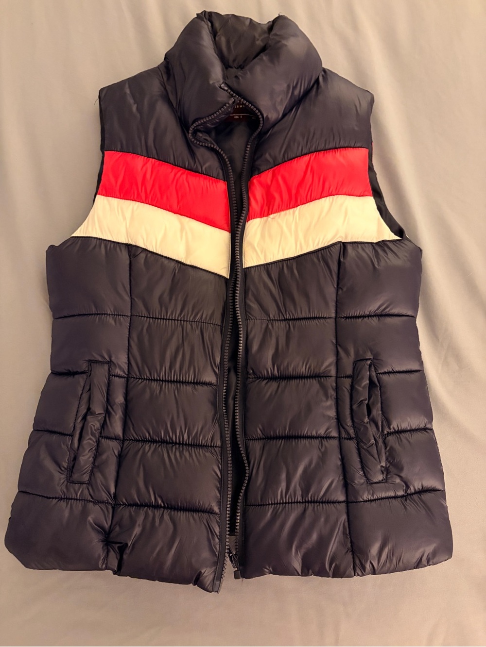 Ci Sono Navy Puffer Vest with Red & Cream Chevron